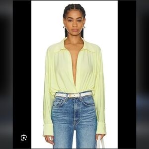 NWT Norma Kamali Oversized Boyfriend Style V Neck Bodysuit Butter XS